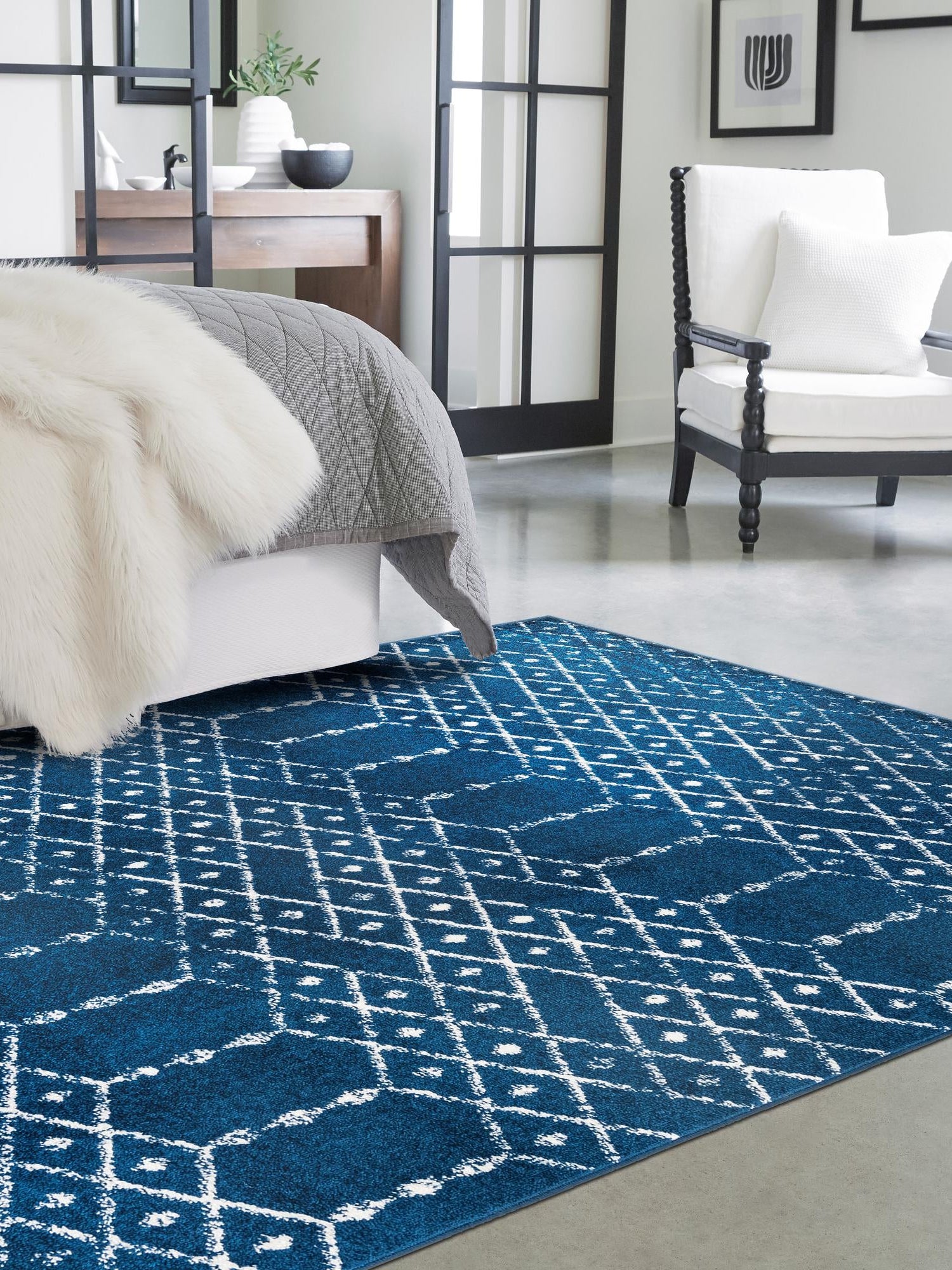 Navy Blue 4' 1 x 6' 1 Paxon Trellis Rectangle Area Rug Geometric Durable Stain Resistant Easy Clean Carpet for Modern Interior Home Decor for Sale at Rug Engine