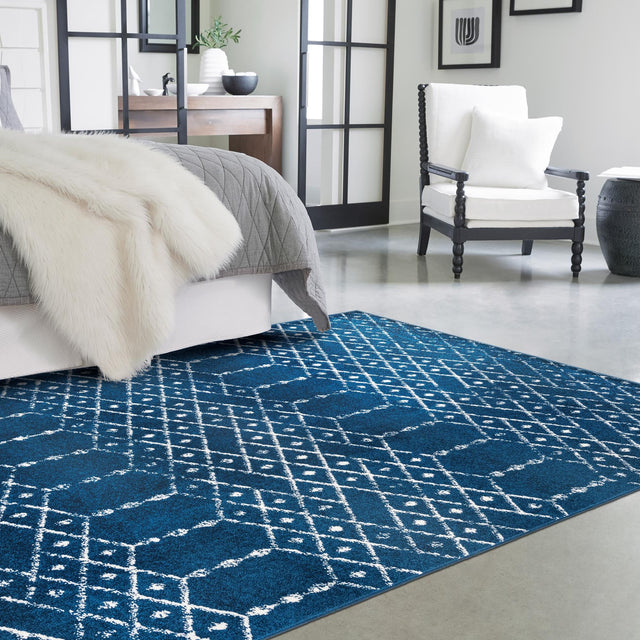 Navy Blue 5' 3 x 8' Paxon Trellis Rectangle Area Rug Geometric Durable Stain Resistant Easy Clean Carpet for Modern Interior Home Decor for Sale at Rug Engine