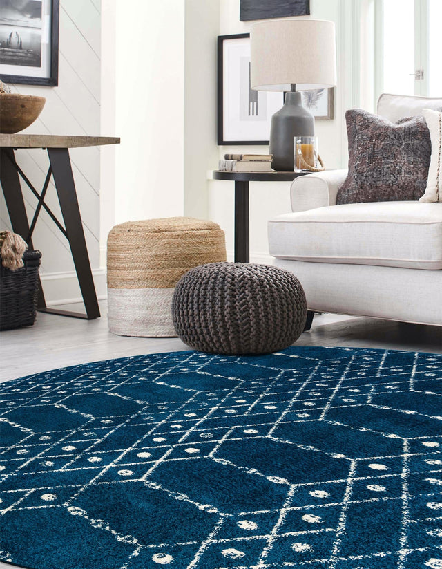 Navy Blue 3' x 3' Paxon Trellis Round Area Rug Geometric Durable Stain Resistant Easy Clean Carpet for Modern Interior Home Decor for Sale at Rug Engine