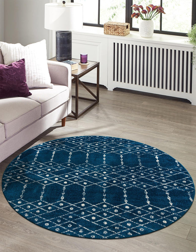 Navy Blue 3' x 3' Paxon Trellis Round Area Rug Geometric Durable Stain Resistant Easy Clean Carpet for Modern Interior Home Decor for Sale at Rug Engine