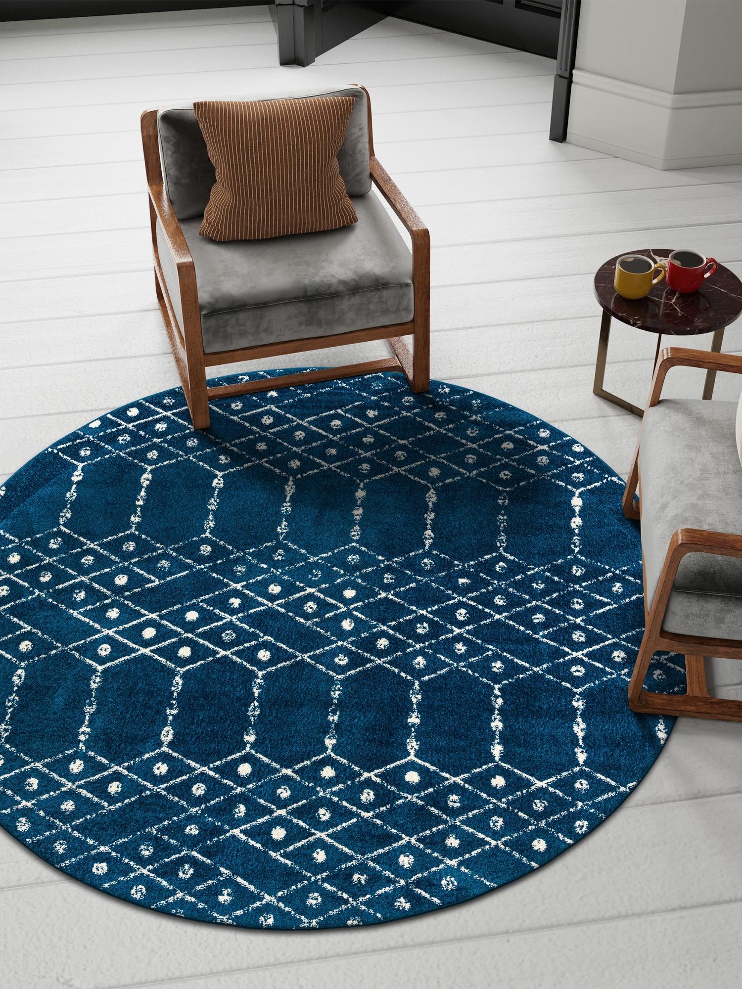 Navy Blue 7' 10 x 7' 10 Paxon Trellis Round Area Rug Geometric Durable Stain Resistant Easy Clean Carpet for Modern Interior Home Decor for Sale at Rug Engine