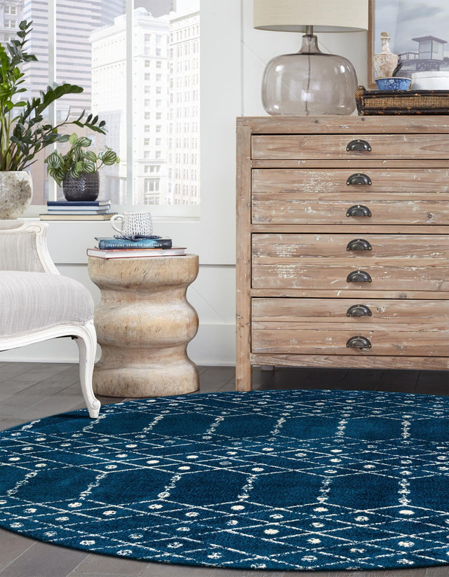 Navy Blue 3' x 3' Paxon Trellis Round Area Rug Geometric Durable Stain Resistant Easy Clean Carpet for Modern Interior Home Decor for Sale at Rug Engine