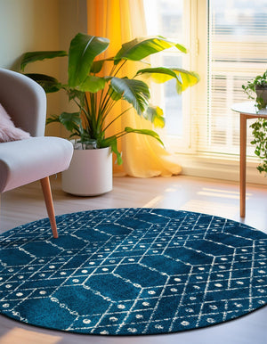 Navy Blue 7' 10 x 7' 10 Paxon Trellis Round Area Rug Geometric Durable Stain Resistant Easy Clean Carpet for Modern Interior Home Decor for Sale at Rug Engine
