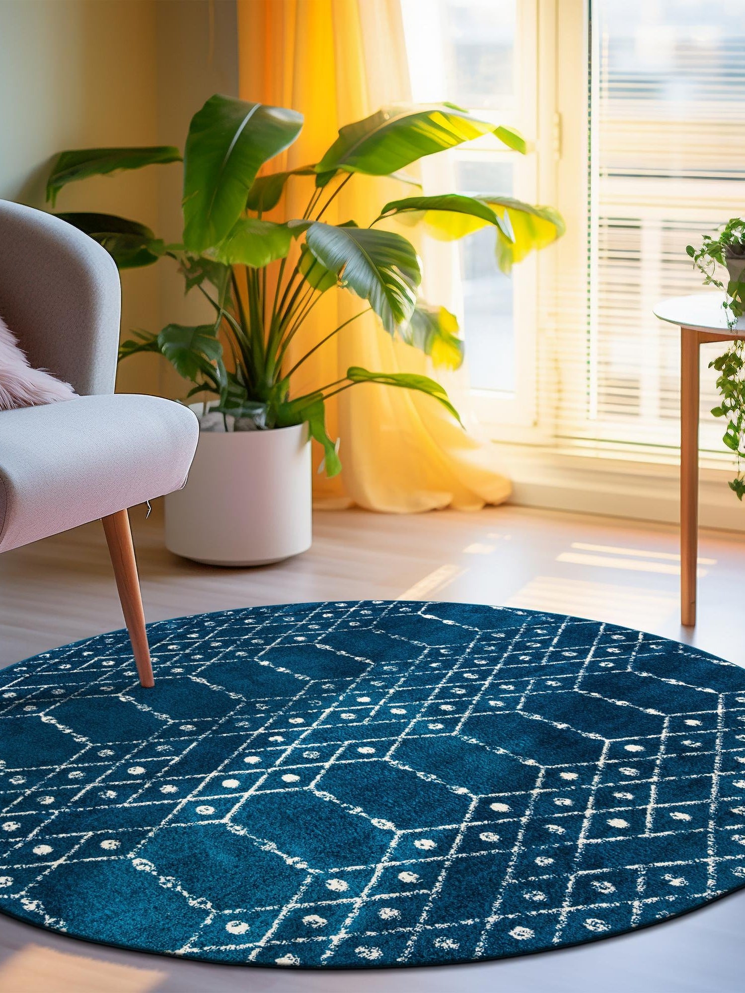 Navy Blue 5' 3 x 5' 3 Paxon Trellis Round Area Rug Geometric Durable Stain Resistant Easy Clean Carpet for Modern Interior Home Decor for Sale at Rug Engine
