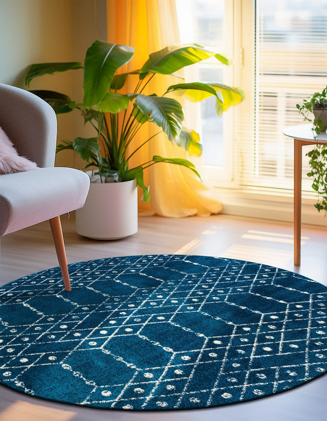Navy Blue 5' 3 x 5' 3 Paxon Trellis Round Area Rug Geometric Durable Stain Resistant Easy Clean Carpet for Modern Interior Home Decor for Sale at Rug Engine