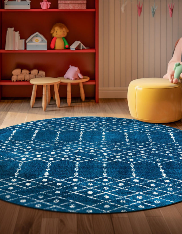 Navy Blue 3' x 3' Paxon Trellis Round Area Rug Geometric Durable Stain Resistant Easy Clean Carpet for Modern Interior Home Decor for Sale at Rug Engine