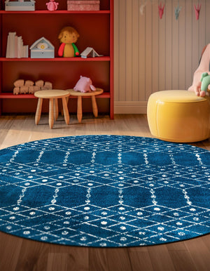 Navy Blue 7' 10 x 7' 10 Paxon Trellis Round Area Rug Geometric Durable Stain Resistant Easy Clean Carpet for Modern Interior Home Decor for Sale at Rug Engine