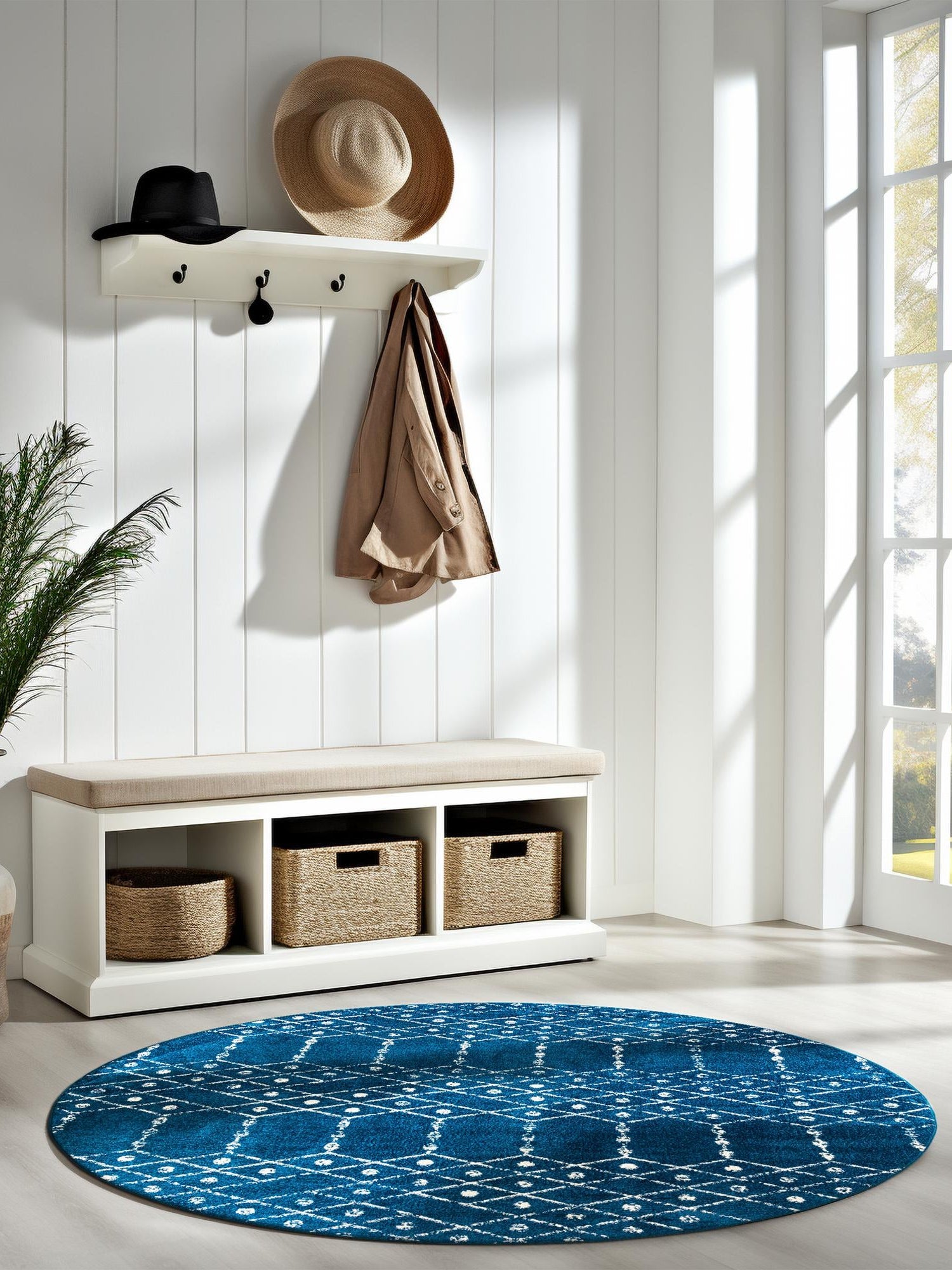Navy Blue 5' 3 x 5' 3 Paxon Trellis Round Area Rug Geometric Durable Stain Resistant Easy Clean Carpet for Modern Interior Home Decor for Sale at Rug Engine