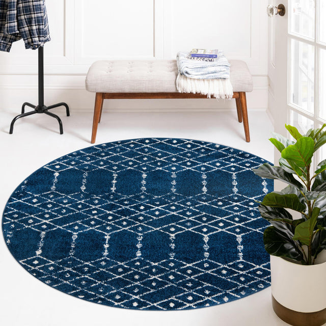 Navy Blue 3' x 3' Paxon Trellis Round Area Rug Geometric Durable Stain Resistant Easy Clean Carpet for Modern Interior Home Decor for Sale at Rug Engine