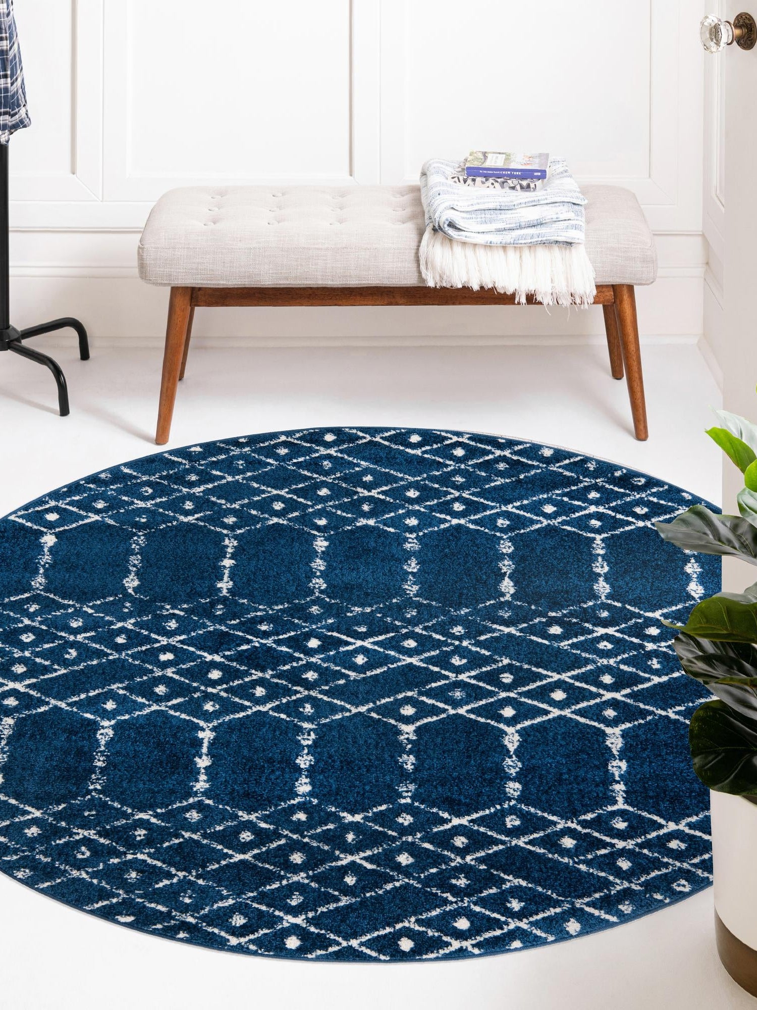 Navy Blue 5' 3 x 5' 3 Paxon Trellis Round Area Rug Geometric Durable Stain Resistant Easy Clean Carpet for Modern Interior Home Decor for Sale at Rug Engine