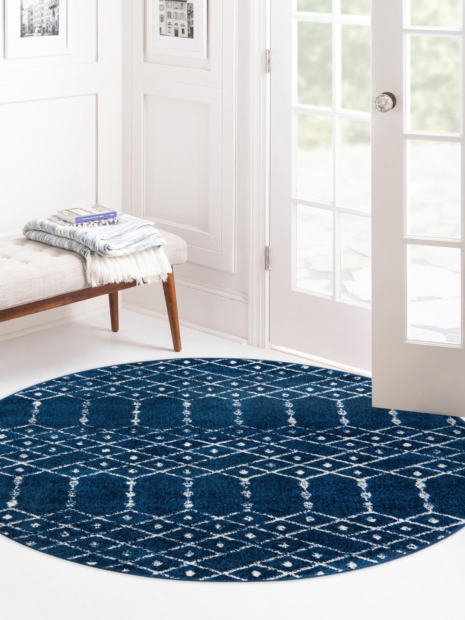 Navy Blue 5' 3 x 5' 3 Paxon Trellis Round Area Rug Geometric Durable Stain Resistant Easy Clean Carpet for Modern Interior Home Decor for Sale at Rug Engine