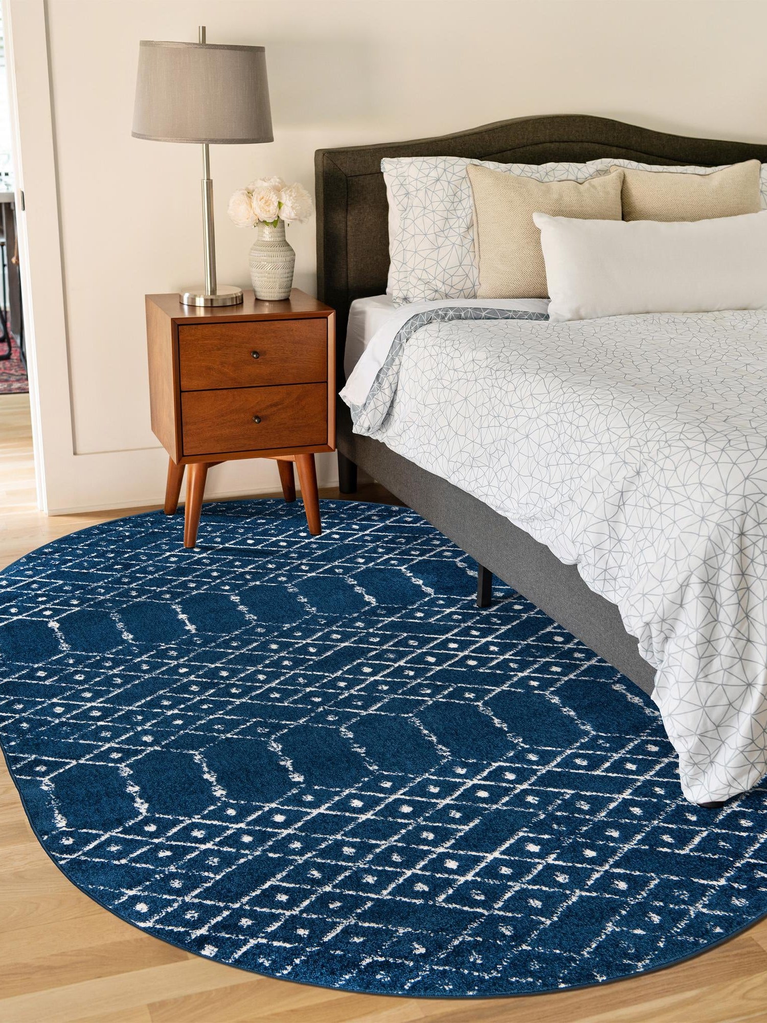 Navy Blue 4' 1 x 6' 1 Paxon Trellis Oval Area Rug Geometric Durable Stain Resistant Easy Clean Carpet for Modern Interior Home Decor for Sale at Rug Engine