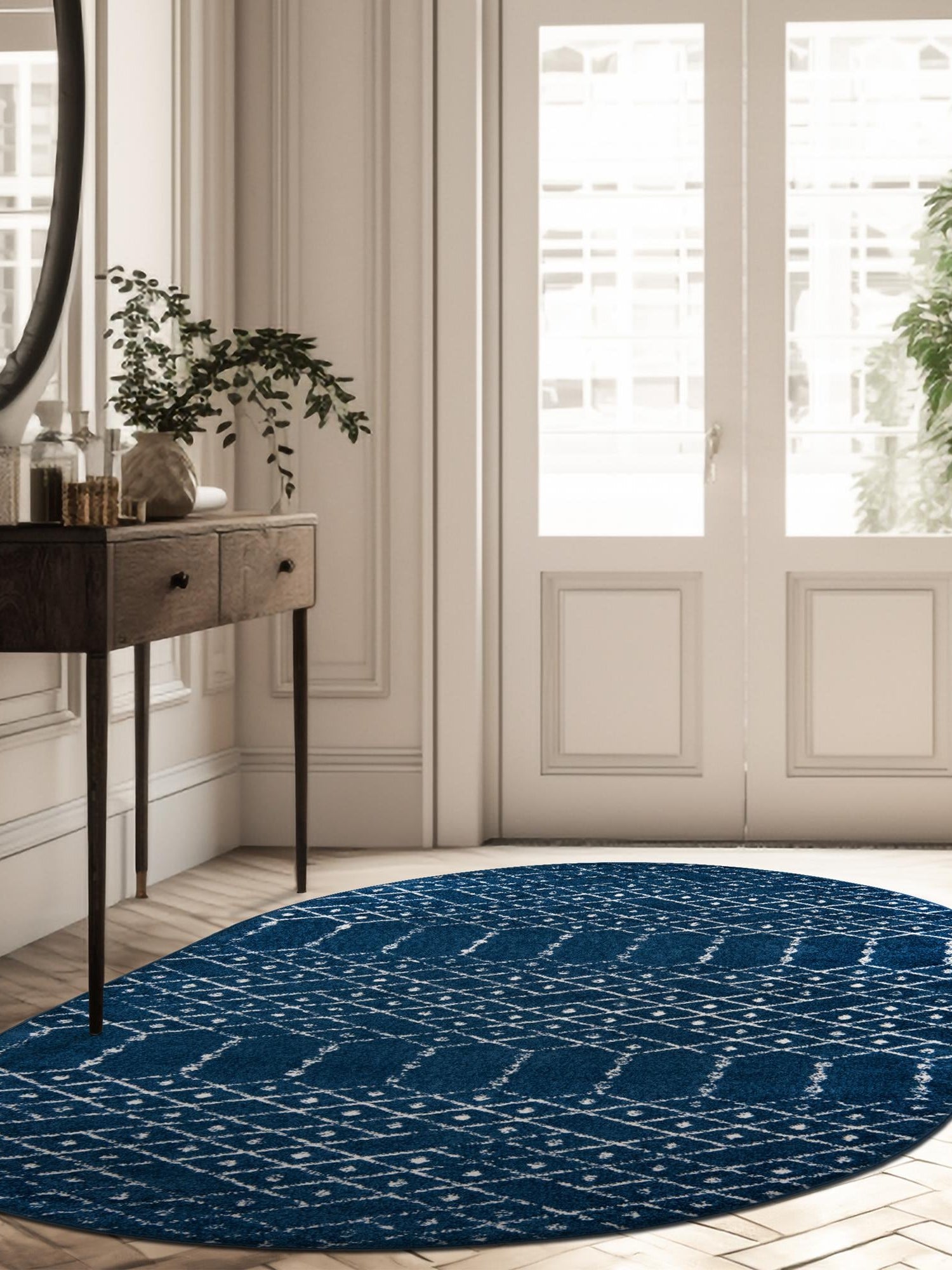 Navy Blue 7' 10 x 10' Paxon Trellis Oval Area Rug Geometric Durable Stain Resistant Easy Clean Carpet for Modern Interior Home Decor for Sale at Rug Engine