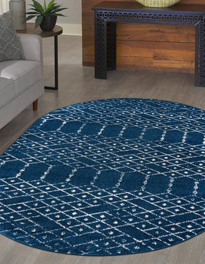 Navy Blue 5' 3 x 8' Paxon Trellis Oval Area Rug Geometric Durable Stain Resistant Easy Clean Carpet for Modern Interior Home Decor for Sale at Rug Engine