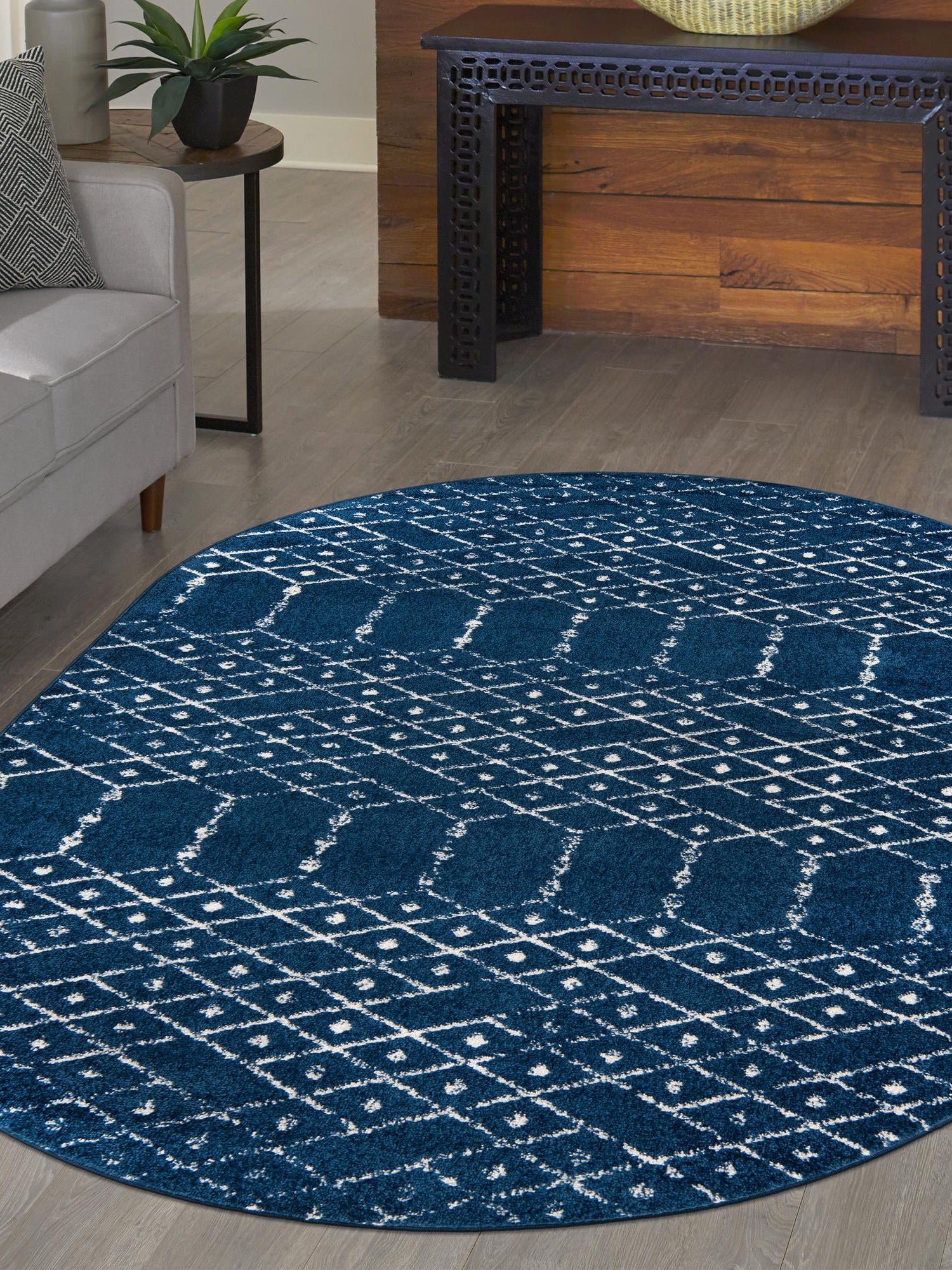 Navy Blue 4' 1 x 6' 1 Paxon Trellis Oval Area Rug Geometric Durable Stain Resistant Easy Clean Carpet for Modern Interior Home Decor for Sale at Rug Engine