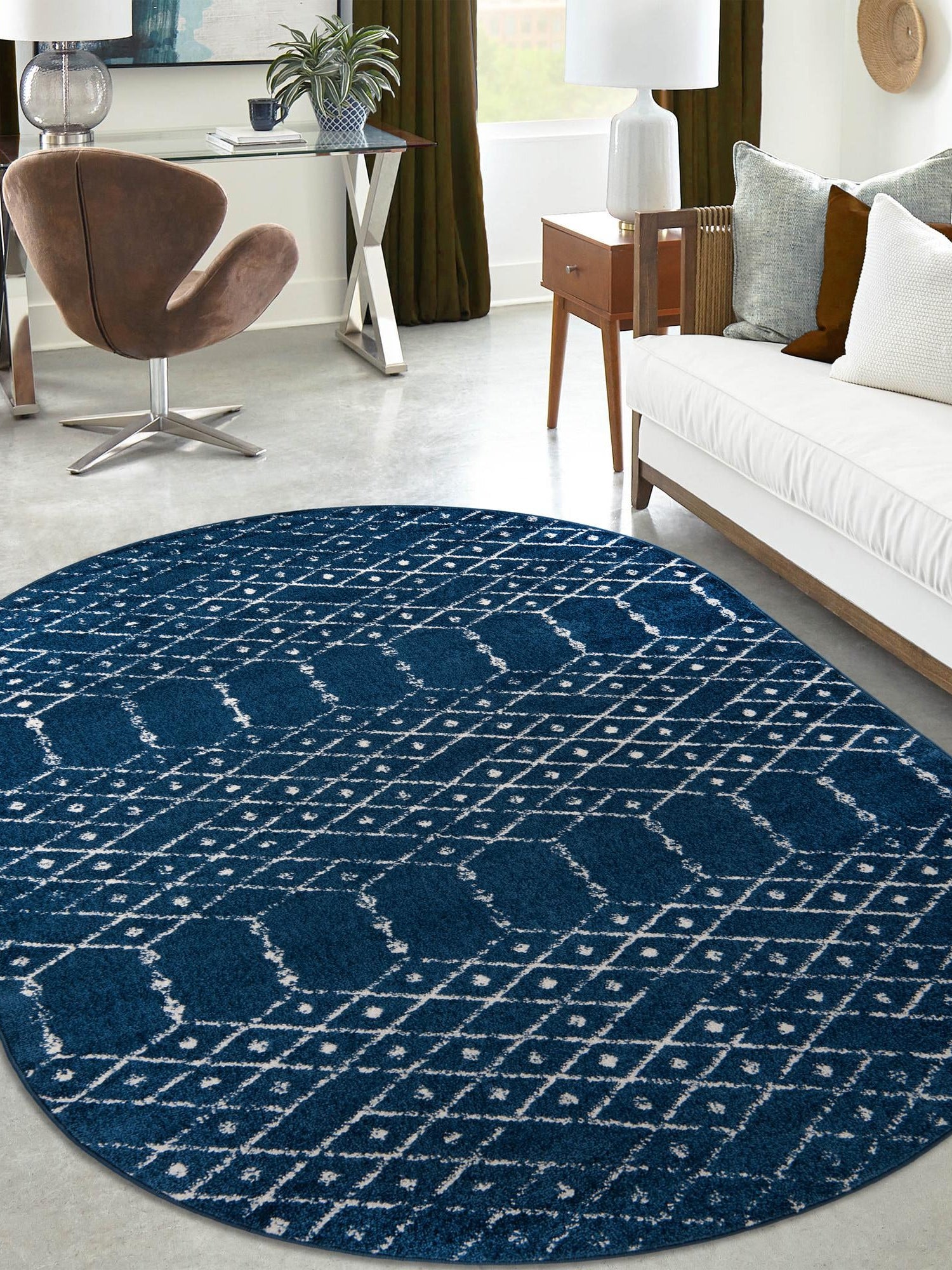 Navy Blue 7' 10 x 10' Paxon Trellis Oval Area Rug Geometric Durable Stain Resistant Easy Clean Carpet for Modern Interior Home Decor for Sale at Rug Engine
