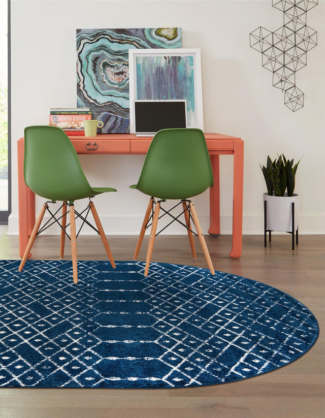 Navy Blue 5' 3 x 8' Paxon Trellis Oval Area Rug Geometric Durable Stain Resistant Easy Clean Carpet for Modern Interior Home Decor for Sale at Rug Engine