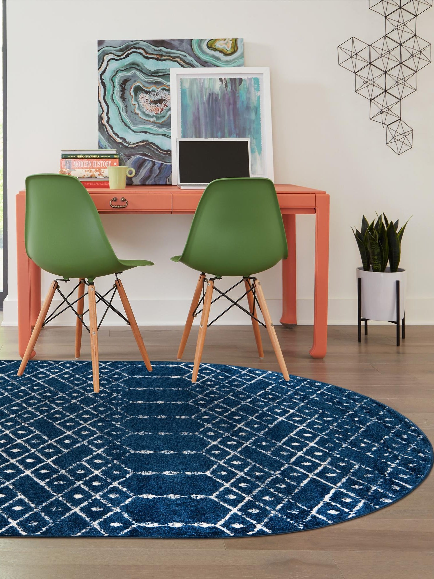 Navy Blue 4' 1 x 6' 1 Paxon Trellis Oval Area Rug Geometric Durable Stain Resistant Easy Clean Carpet for Modern Interior Home Decor for Sale at Rug Engine