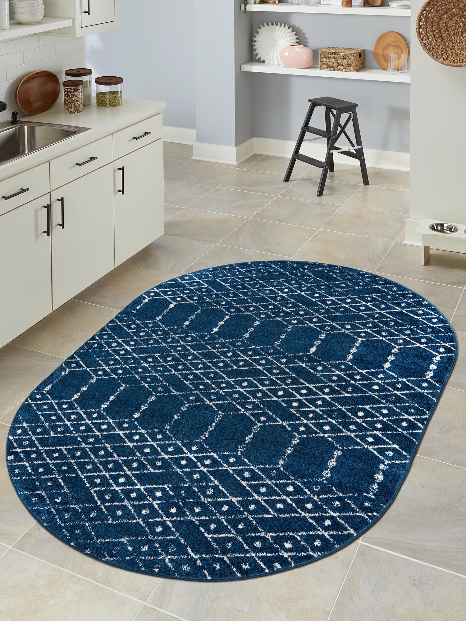 Navy Blue 4' 1 x 6' 1 Paxon Trellis Oval Area Rug Geometric Durable Stain Resistant Easy Clean Carpet for Modern Interior Home Decor for Sale at Rug Engine
