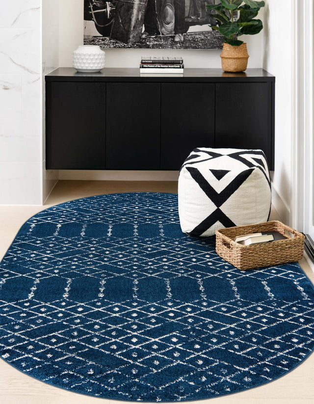Navy Blue 5' 3 x 8' Paxon Trellis Oval Area Rug Geometric Durable Stain Resistant Easy Clean Carpet for Modern Interior Home Decor for Sale at Rug Engine