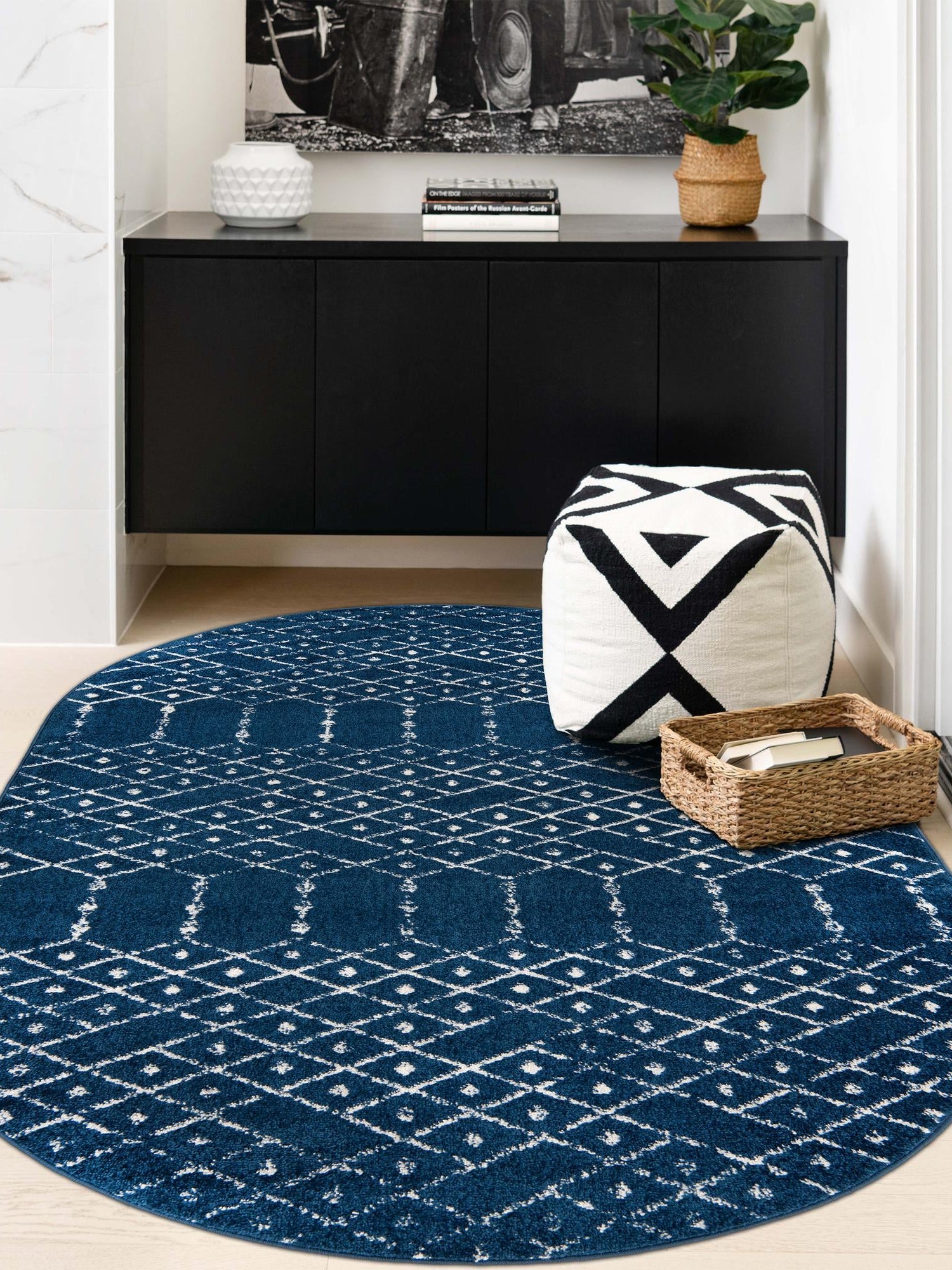Navy Blue 4' 1 x 6' 1 Paxon Trellis Oval Area Rug Geometric Durable Stain Resistant Easy Clean Carpet for Modern Interior Home Decor for Sale at Rug Engine