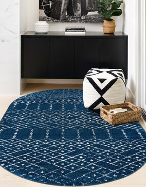 Navy Blue 4' 1 x 6' 1 Paxon Trellis Oval Area Rug Geometric Durable Stain Resistant Easy Clean Carpet for Modern Interior Home Decor for Sale at Rug Engine