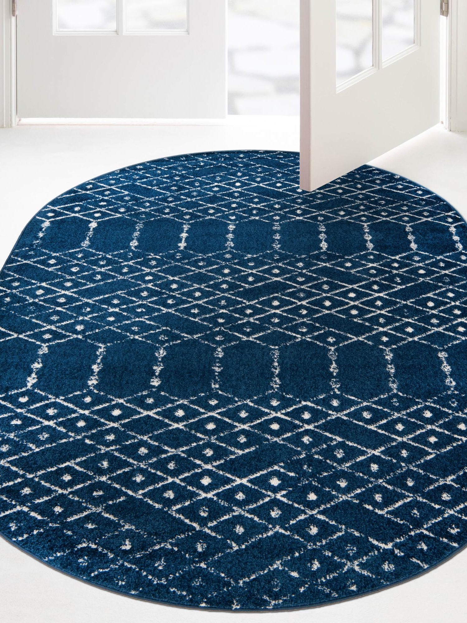 Navy Blue 7' 10 x 10' Paxon Trellis Oval Area Rug Geometric Durable Stain Resistant Easy Clean Carpet for Modern Interior Home Decor for Sale at Rug Engine