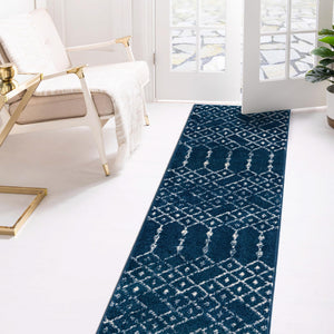 Navy Blue 2' x 8' Paxon Trellis Runner Area Rug Geometric Durable Stain Resistant Easy Clean Carpet for Modern Interior Home Decor for Sale at Rug Engine