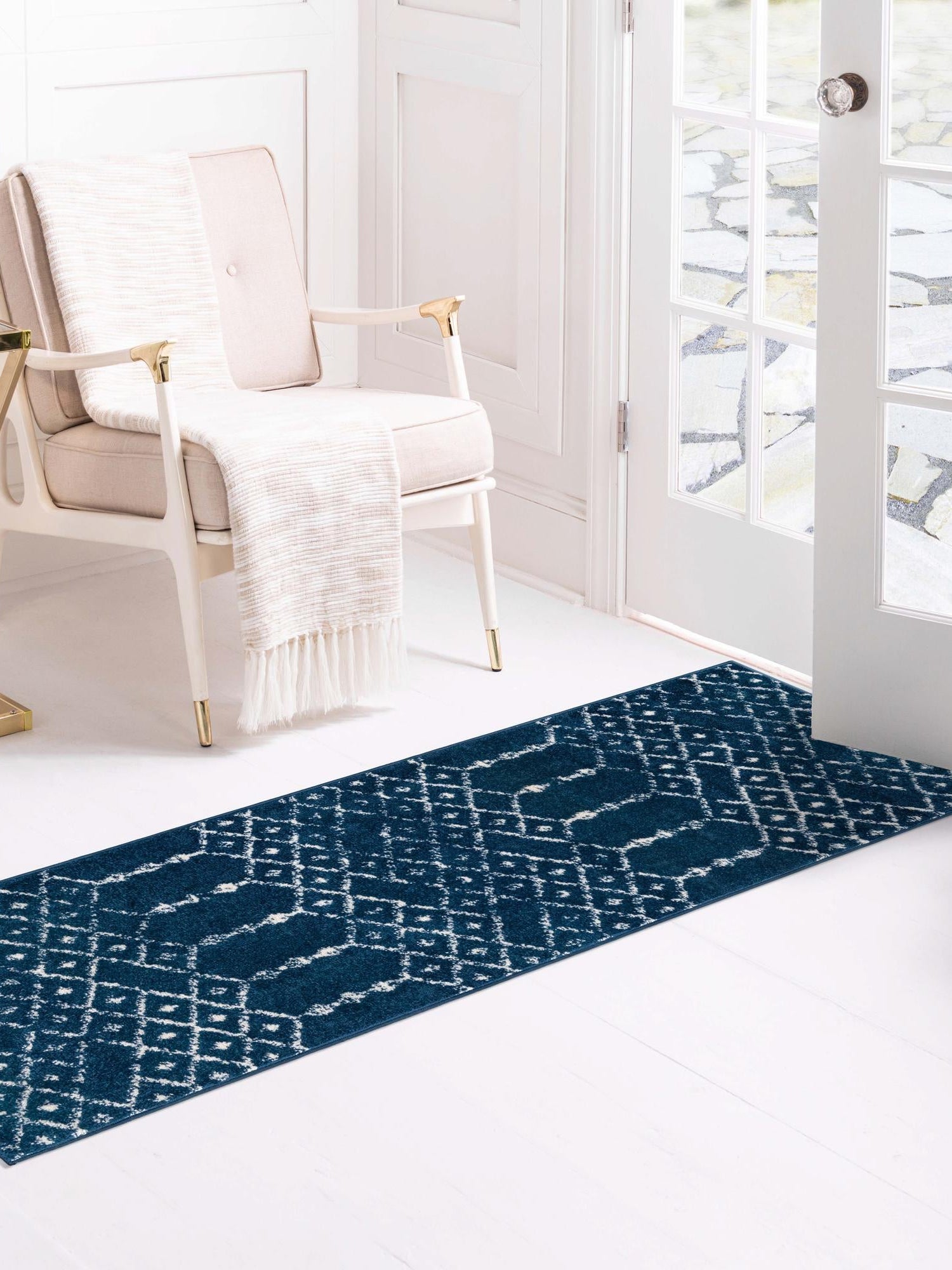 Navy Blue 2' x 8' Paxon Trellis Runner Area Rug Geometric Durable Stain Resistant Easy Clean Carpet for Modern Interior Home Decor for Sale at Rug Engine