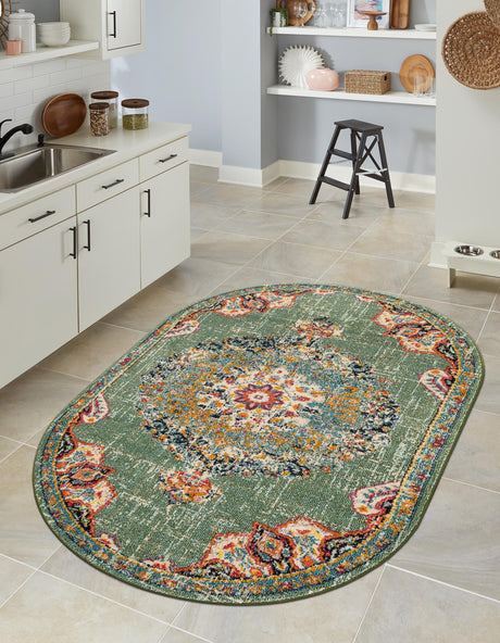 Green 3' 1 x 5' 3 Penrose Oval Area Rug Classic Durable Stain Resistant Easy Clean Carpet for Traditional Indoor Home Decor for Sale at Rug Engine