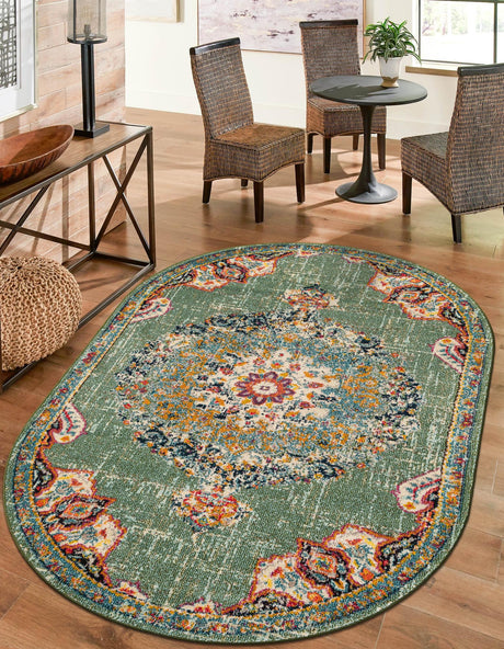 Green 3' 1 x 5' 3 Penrose Oval Area Rug Classic Durable Stain Resistant Easy Clean Carpet for Traditional Indoor Home Decor for Sale at Rug Engine