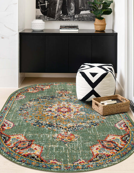 Green 3' 1 x 5' 3 Penrose Oval Area Rug Classic Durable Stain Resistant Easy Clean Carpet for Traditional Indoor Home Decor for Sale at Rug Engine