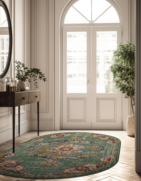 Green 3' 1 x 5' 3 Penrose Oval Area Rug Classic Durable Stain Resistant Easy Clean Carpet for Traditional Indoor Home Decor for Sale at Rug Engine