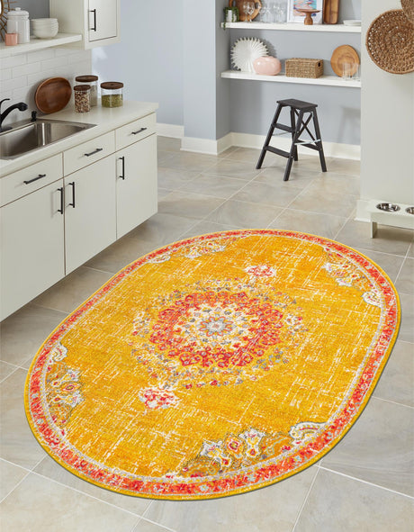 Gold 7' 10 x 10' Penrose Oval Area Rug Classic Durable Stain Resistant Easy Clean Carpet for Traditional Indoor Home Decor for Sale at Rug Engine