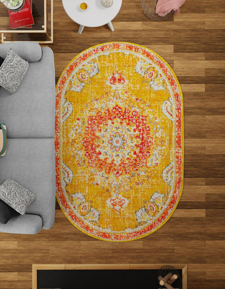 Gold 7' 10 x 10' Penrose Oval Area Rug Classic Durable Stain Resistant Easy Clean Carpet for Traditional Indoor Home Decor for Sale at Rug Engine