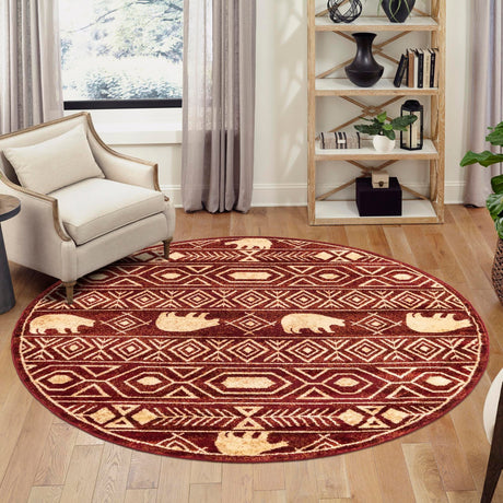 Red 4' 1 x 4' 1 Pioneer Round Area Rug Classic Southwestern Motif Durable Stain Resistant Easy Clean Carpet for Traditional Interior Decor for Sale at Rug Engine