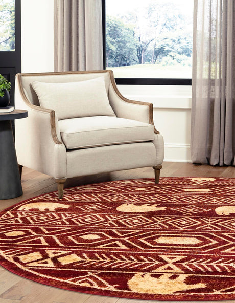 Red 5' 3 x 5' 3 Pioneer Round Area Rug Classic Southwestern Motif Durable Stain Resistant Easy Clean Carpet for Traditional Interior Decor for Sale at Rug Engine
