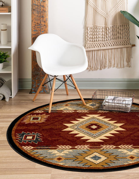 Red 8' x 8' Pioneer Round Area Rug Classic Southwestern Motif Durable Stain Resistant Easy Clean Carpet for Traditional Interior Decor for Sale at Rug Engine