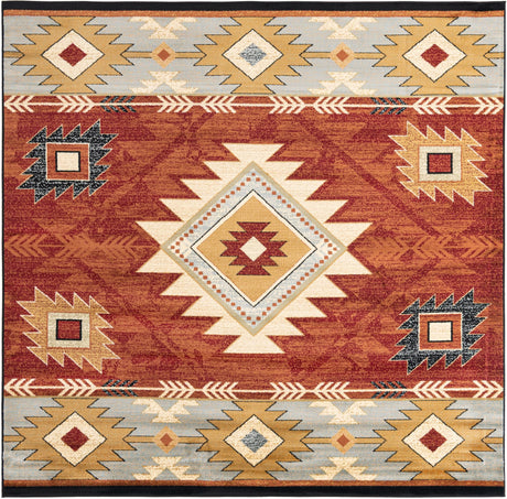 Red 7' 10 x 7' 10 Pioneer Square Area Rug Classic Southwestern Motif Durable Stain Resistant Easy Clean Carpet for Traditional Interior Decor for Sale at Rug Engine