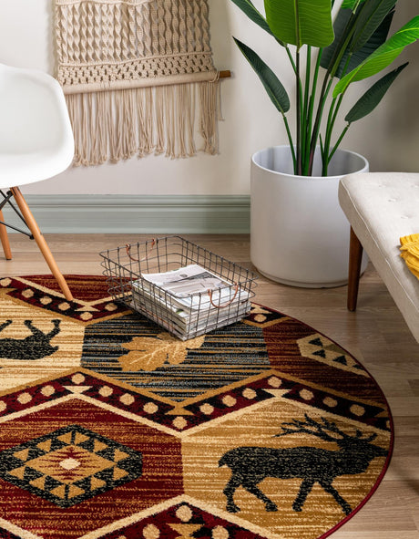 Multicolor 4' 1 x 4' 1 Pioneer Round Area Rug Classic Southwestern Motif Durable Stain Resistant Easy Clean Carpet for Traditional Interior Decor for Sale at Rug Engine