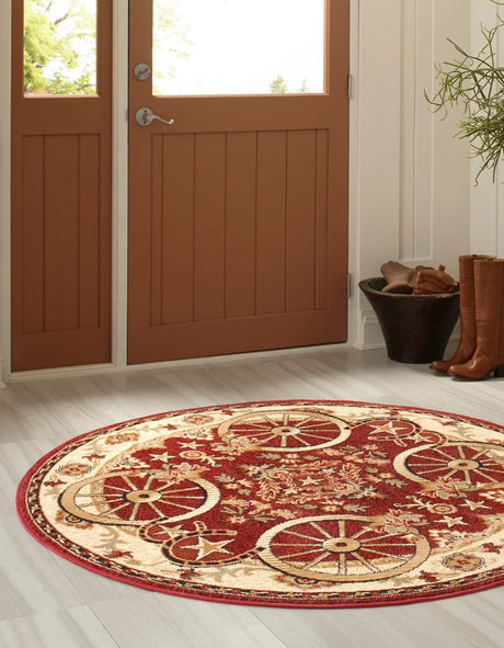 Red 7' 10 x 7' 10 Pioneer Round Area Rug Classic Southwestern Motif Durable Stain Resistant Easy Clean Carpet for Traditional Interior Decor for Sale at Rug Engine