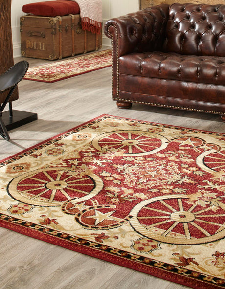 Red 5' 3 x 5' 3 Pioneer Square Area Rug Classic Southwestern Motif Durable Stain Resistant Easy Clean Carpet for Traditional Interior Decor for Sale at Rug Engine