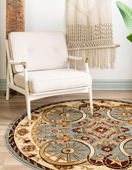 Blue 7' 10 x 7' 10 Pioneer Round Area Rug Classic Southwestern Motif Durable Stain Resistant Easy Clean Carpet for Traditional Interior Decor for Sale at Rug Engine