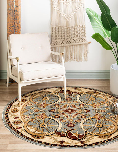 Blue 4' 1 x 4' 1 Pioneer Round Area Rug Classic Southwestern Motif Durable Stain Resistant Easy Clean Carpet for Traditional Interior Decor for Sale at Rug Engine