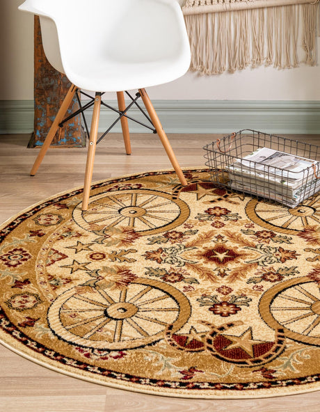 Ivory 5' 3 x 5' 3 Pioneer Round Area Rug Classic Southwestern Motif Durable Stain Resistant Easy Clean Carpet for Traditional Interior Decor for Sale at Rug Engine
