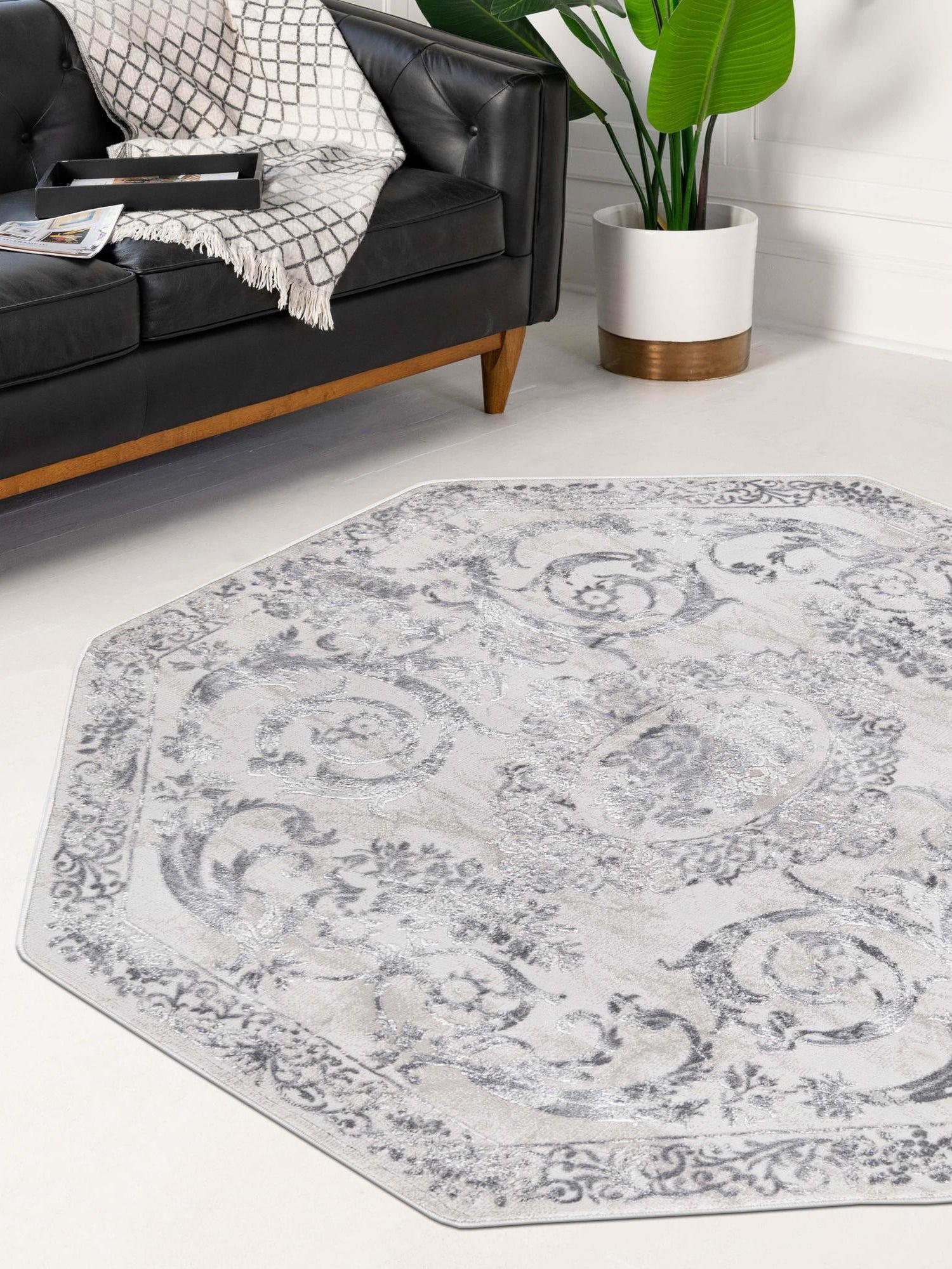 Gray 5' 3 x 5' 3 Finsbury Octagon Area Rug 60% Polypropylene & 40% Polyester Contemporary Carpet for Living Rooms, Dining, Offices for Sale at Rug Engine