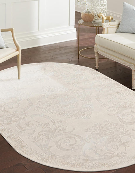 Ivory 4' 1 x 6' 1 Finsbury Oval Area Rug 60% Polypropylene & 40% Polyester Contemporary Carpet for Living Rooms, Dining, Offices for Sale at Rug Engine