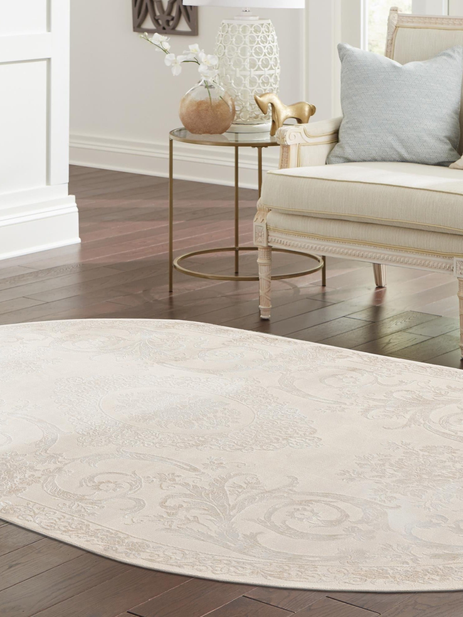 Ivory 7' 10 x 10' Finsbury Oval Area Rug 60% Polypropylene & 40% Polyester Contemporary Carpet for Living Rooms, Dining, Offices for Sale at Rug Engine