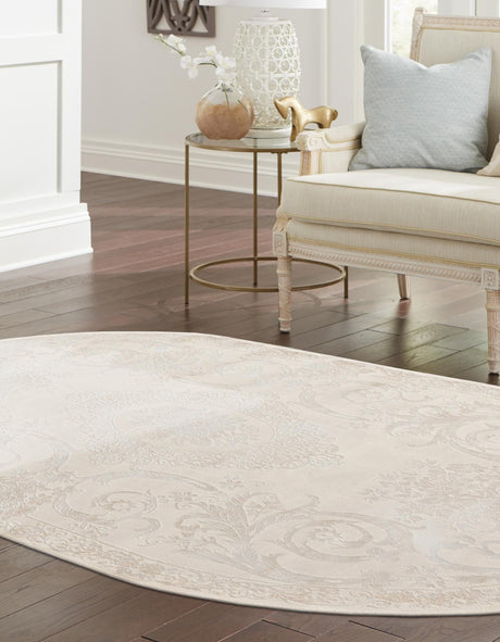 Ivory 4' 1 x 6' 1 Finsbury Oval Area Rug 60% Polypropylene & 40% Polyester Contemporary Carpet for Living Rooms, Dining, Offices for Sale at Rug Engine