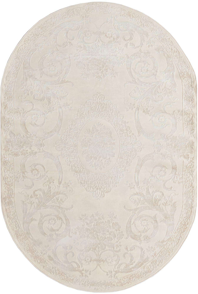 Ivory 5' 3 x 8' Finsbury Oval Area Rug 60% Polypropylene & 40% Polyester Contemporary Carpet for Living Rooms, Dining, Offices for Sale at Rug Engine